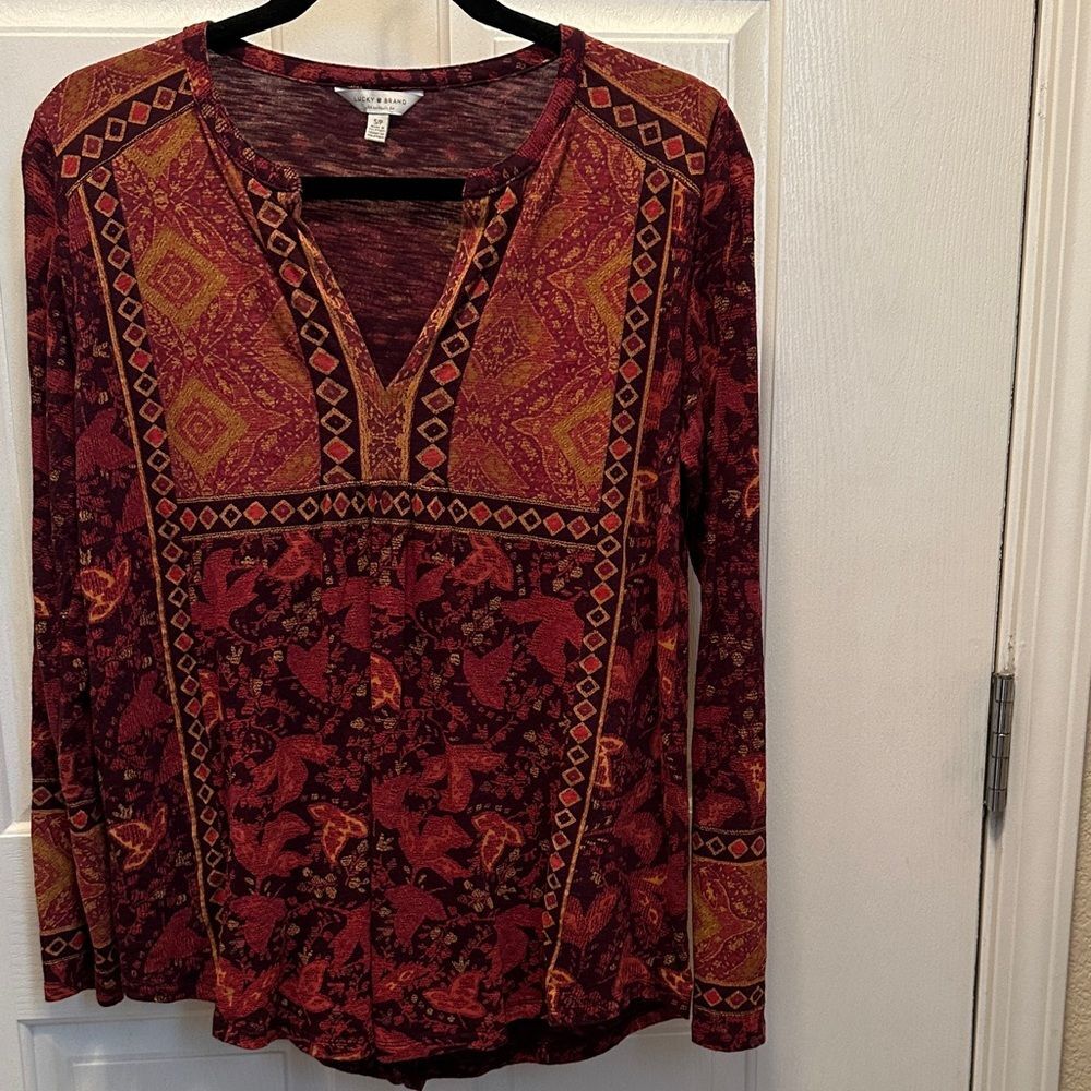 Lucky Brand Red, Brown and Orange Patterned Blouse, Boho chic, Perfect for Fall